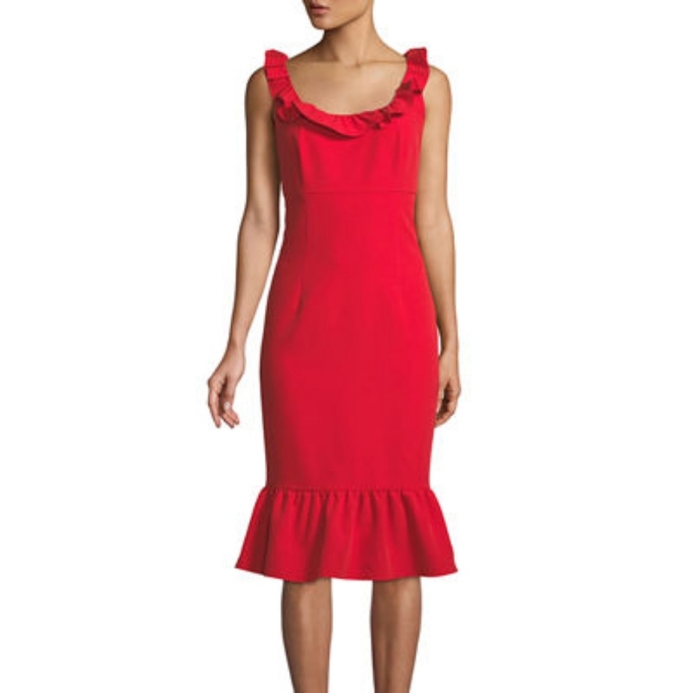 Red dress. Work dress. Peplum. Fitted